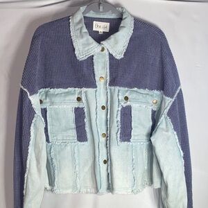 Colorblock Denim & Waffle Knit Button-Up Jacket | Oversized Medium